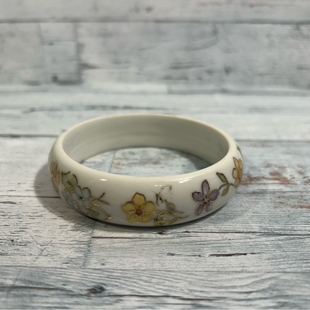 White Hand painted Floral Porcelain Bangle Bracelet